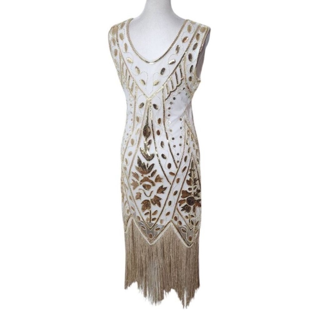 Gold and White Sequin Flapper 20’s MIDI dress w Headband